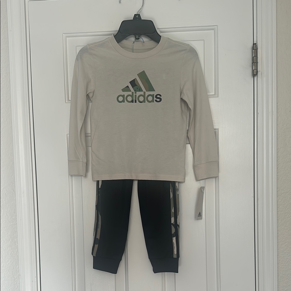 Adidas Kids Cream and Black Logo Tracksuit